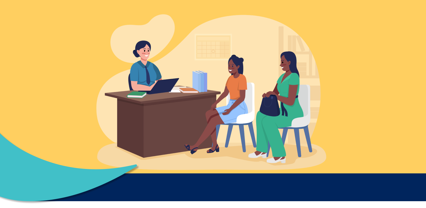 Illustration of a teacher sitting at a desk talking to a young woman and her mom.