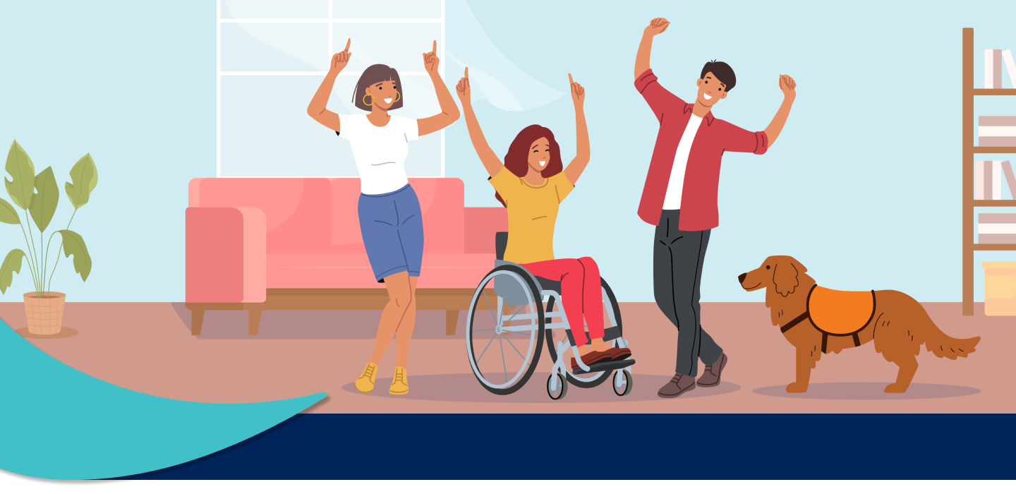 Illustration of young people celebrating in an apartment. One is in a wheelchair and one has a support dog.