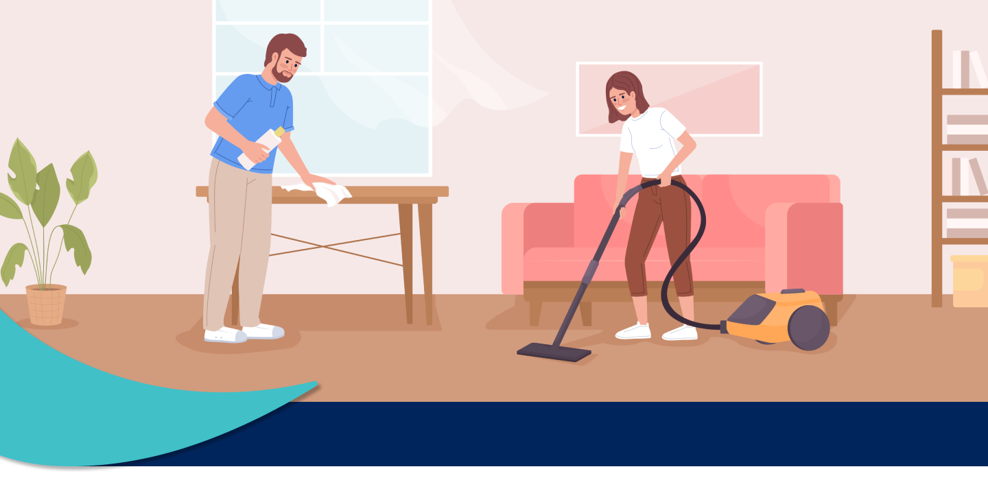 Illustration of two young people cleaning their apartment. He's dusting a table and she's vacuuming.