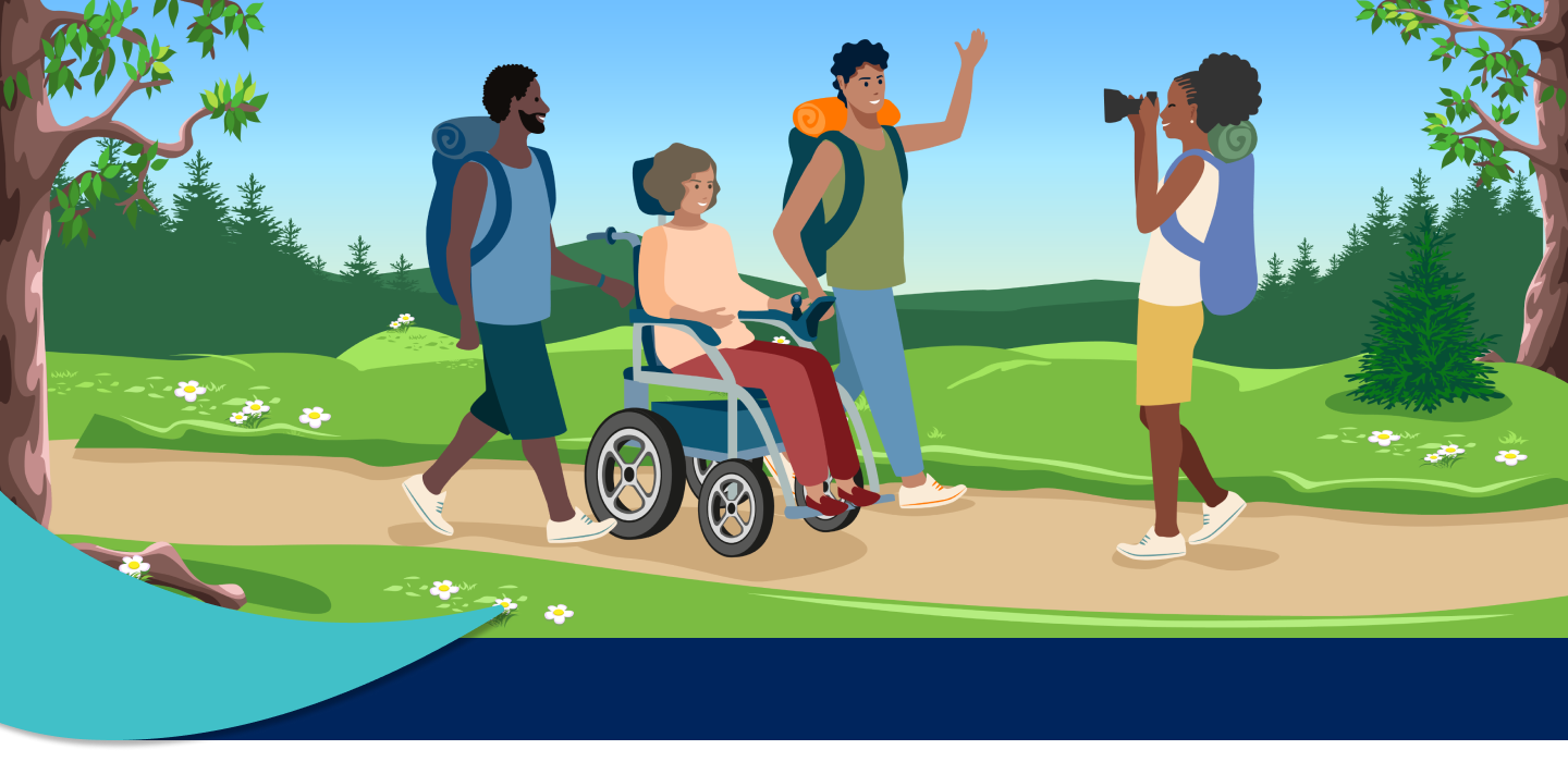 Animated illlustration of a group of friends enjoying nature.