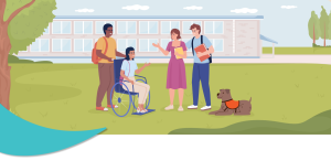 Animated illustration of a group of young people talking on a school campus.
