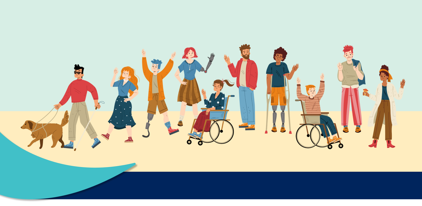 Illustration of a group of young people, with varying disabilities.