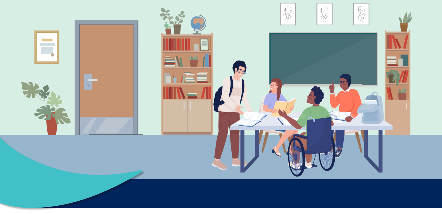 Animated illustration of a group of young people studying together in a library.