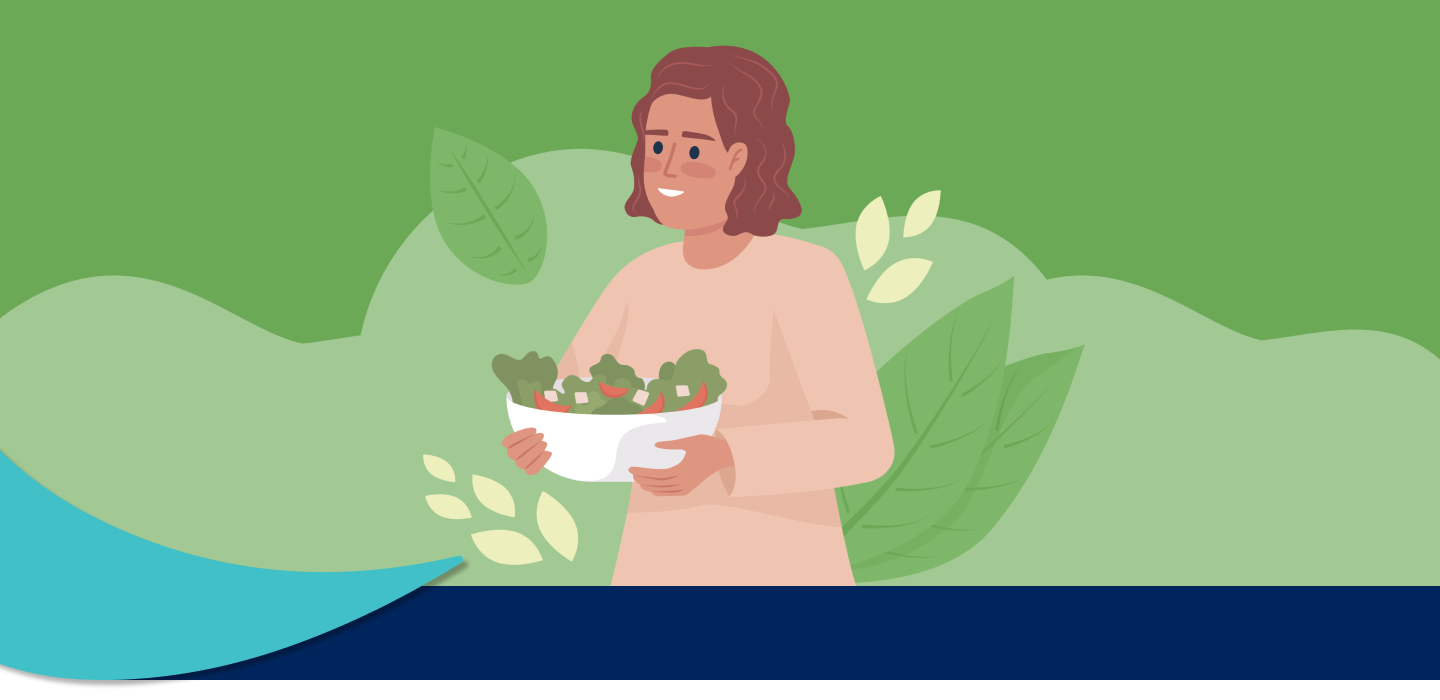 Illustration of a young woman holding a bowl of salad.
