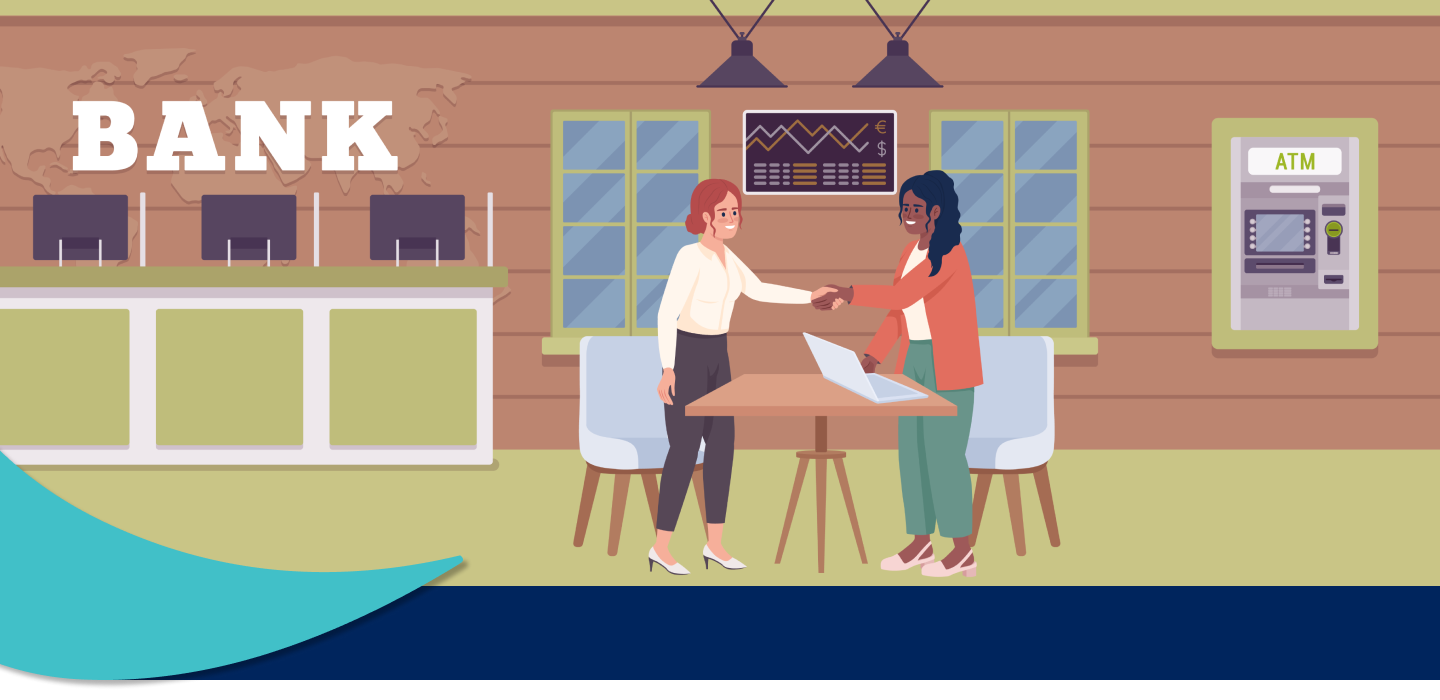Animated illustration of two women talking in front of a bank.
