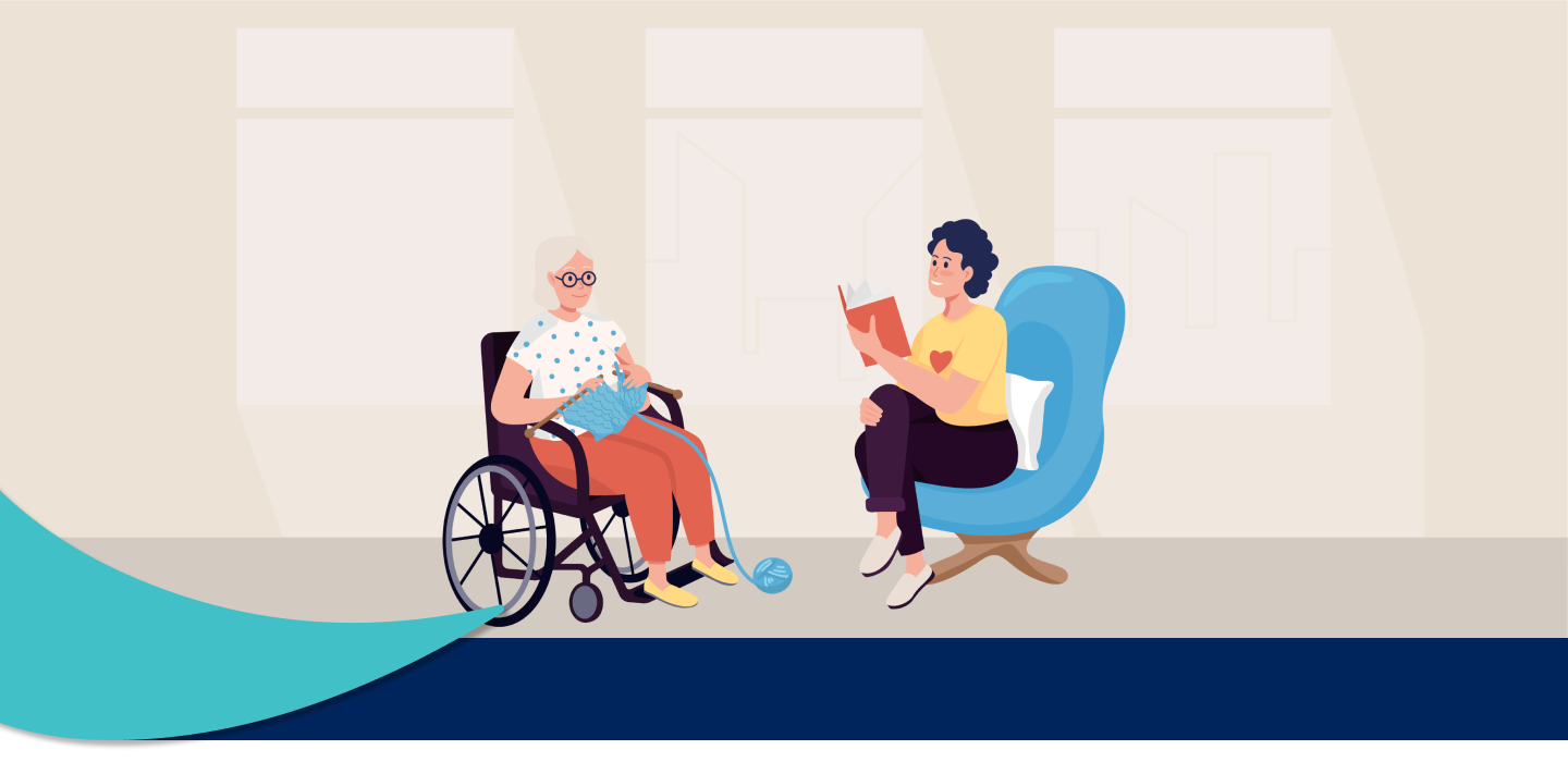 Illustration of a young person sitting in a chair reading to an older person sitting in a wheelchair knitting.