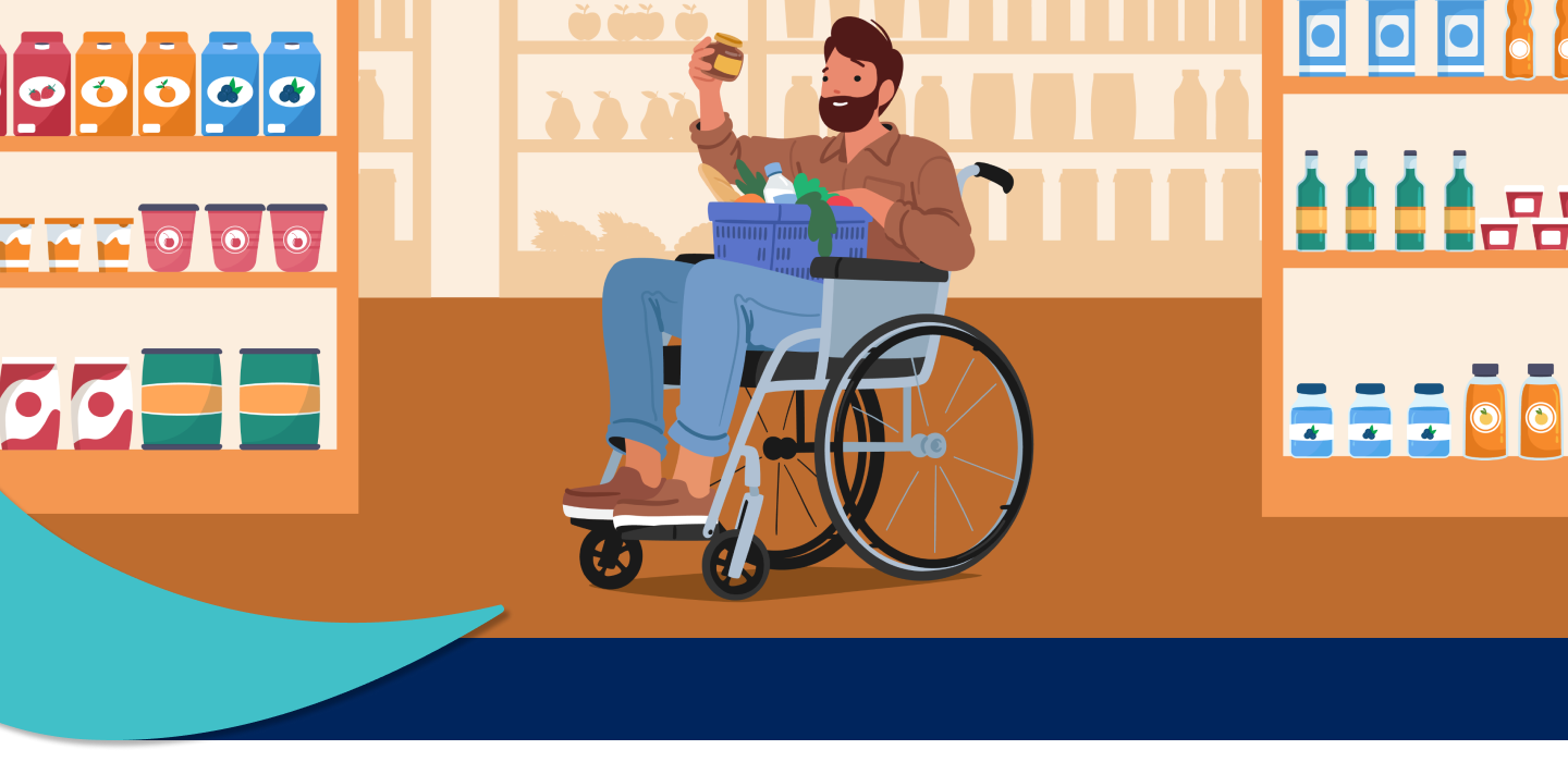 Illustration of a young man in a wheelchair at the grocery store.