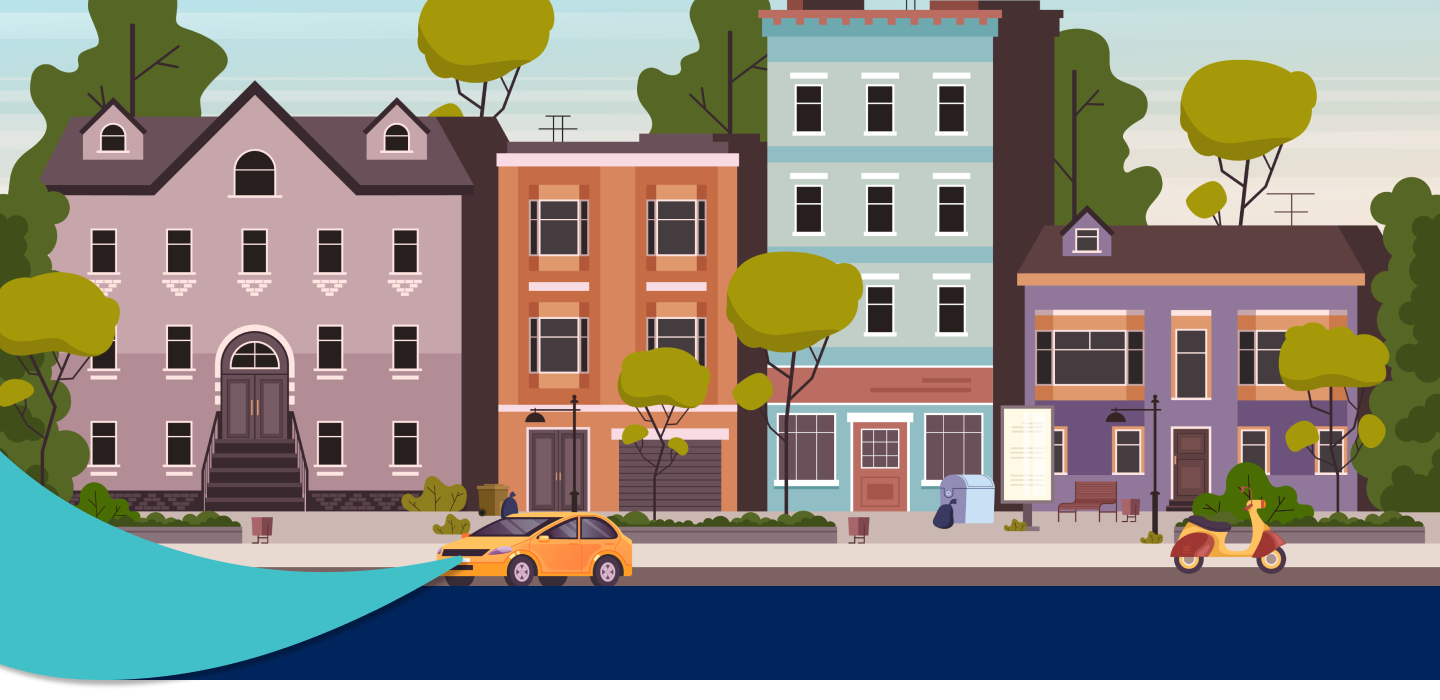 Illustration of a group of buildings and apartments.