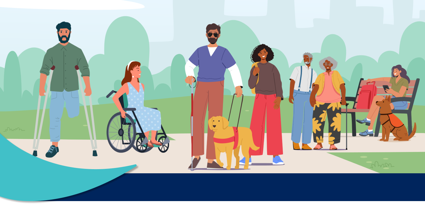 Animated illustration of a group of diverse people with diverse disabilities.