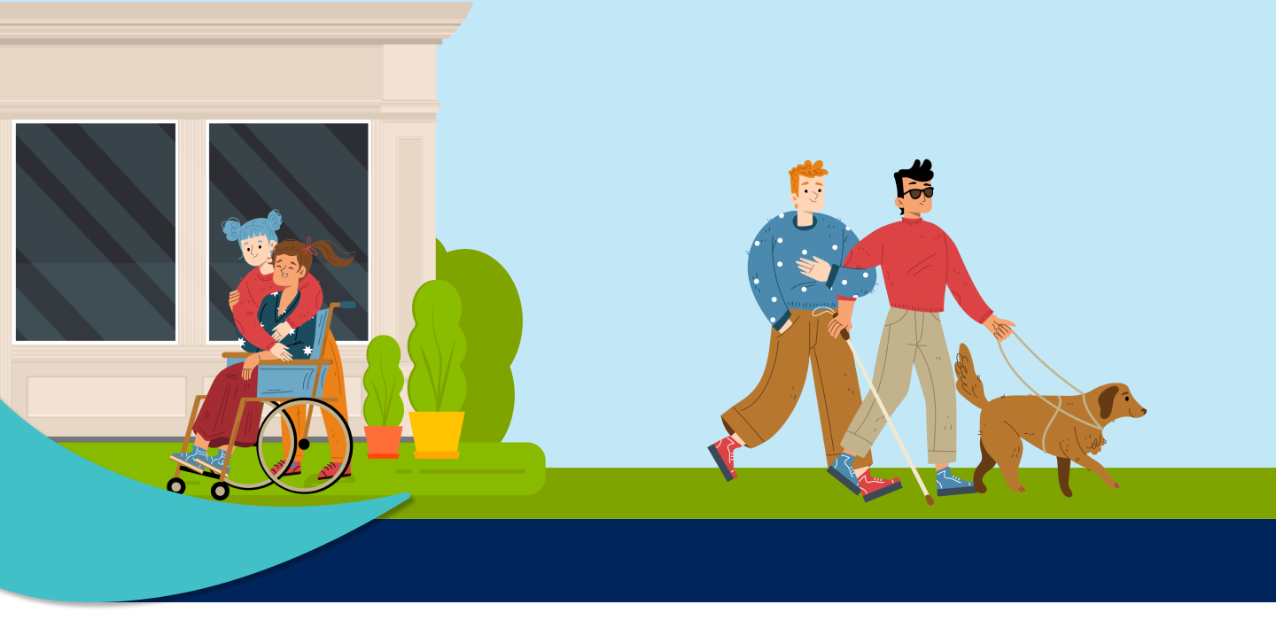 Illustration of two friends, one in a wheelchair, and another set of friends, one blind with a cane and service dog.
