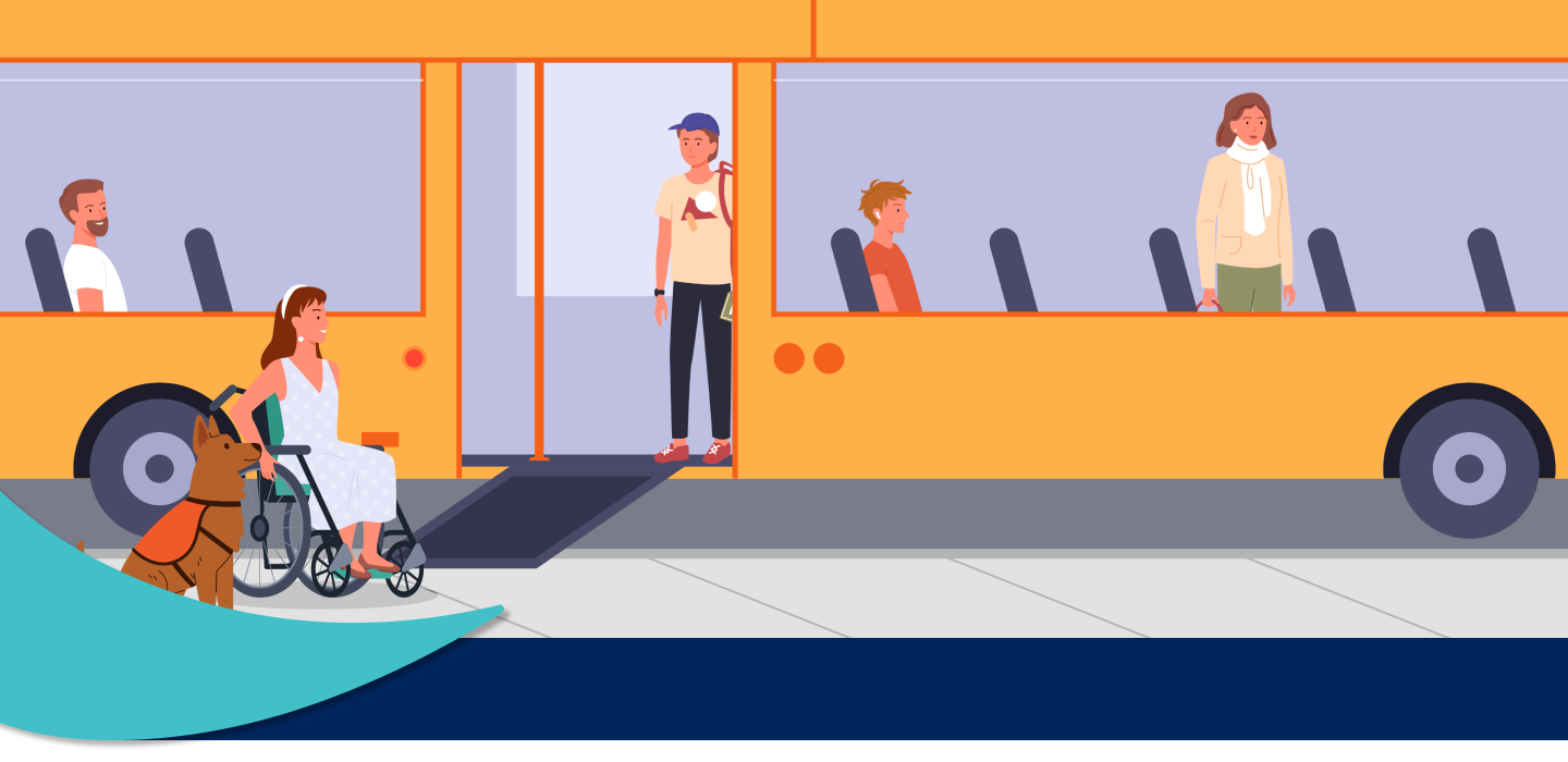Illustration of a young woman in a wheelchair with a service animal, getting on the bus.