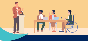 An illustration of a person standing at a podium speaking to a group of people at a table, one of whom is in a wheelchair.