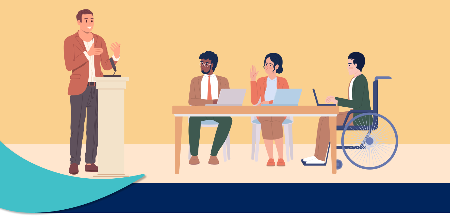 An illustration of a person standing at a podium speaking to a group of people at a table, one of whom is in a wheelchair.