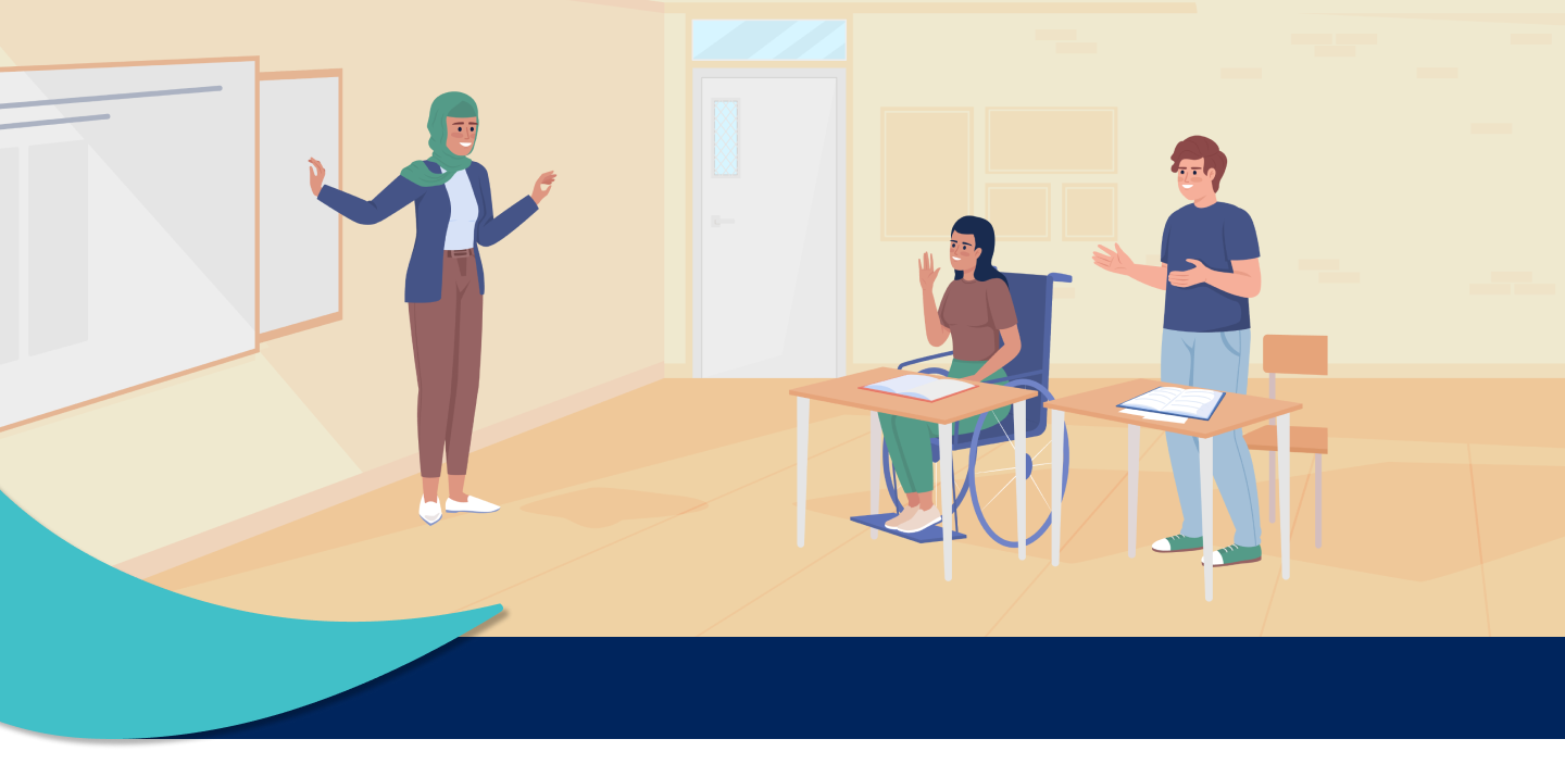 Illustration of a woman teaching at the front of a classroom, with a woman in a wheelchair sitting next to a young man in the classroom.