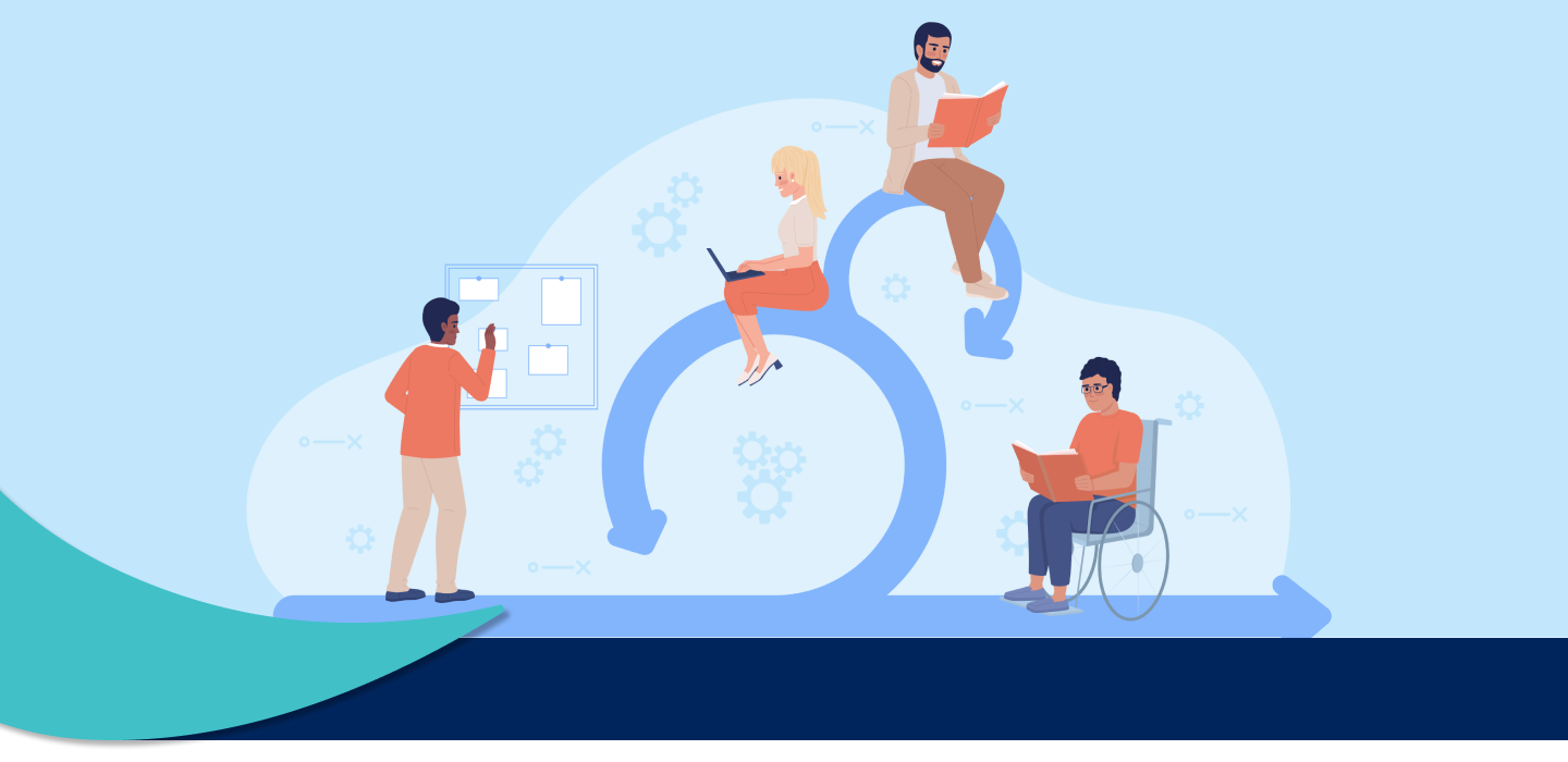 Illustration of different people scheduling time together, one is in a wheelchair.