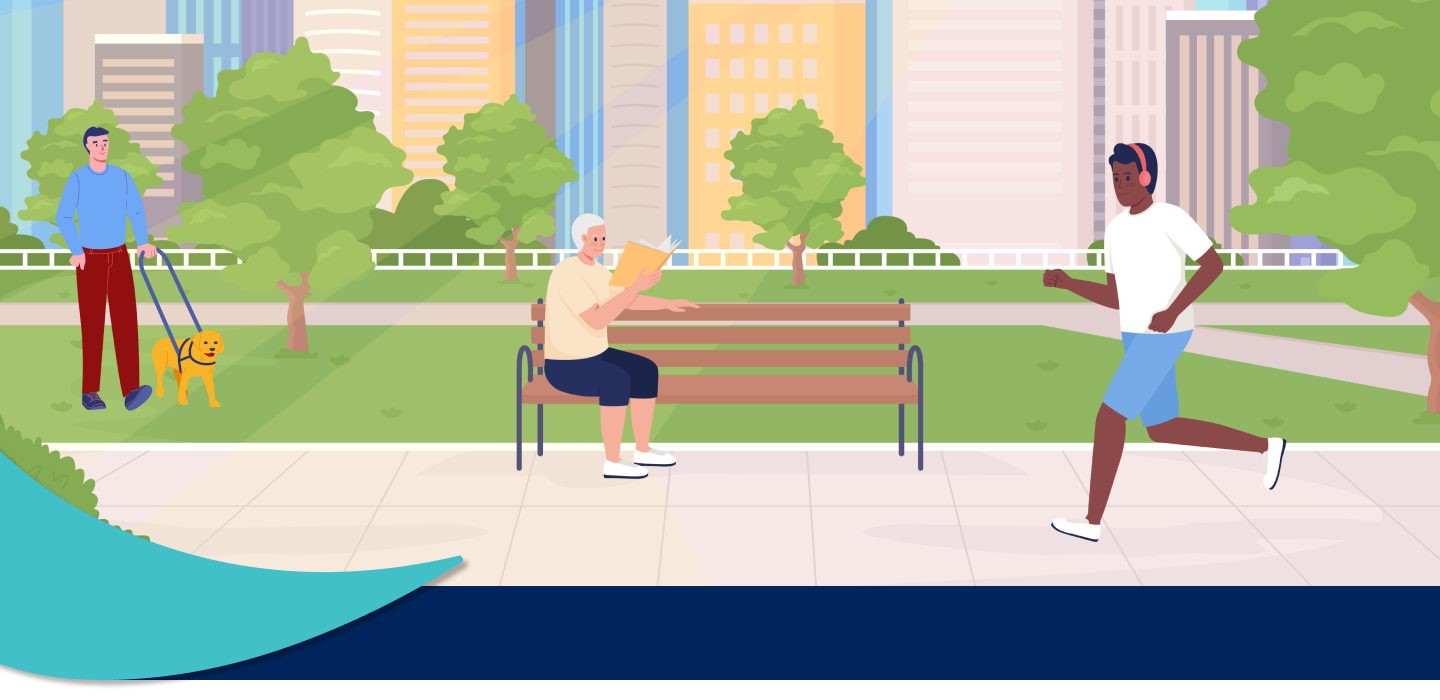 Illustration of a woman sitting on a park bench reading, with a young man with a service dog behind her and a man jogging in front of her.