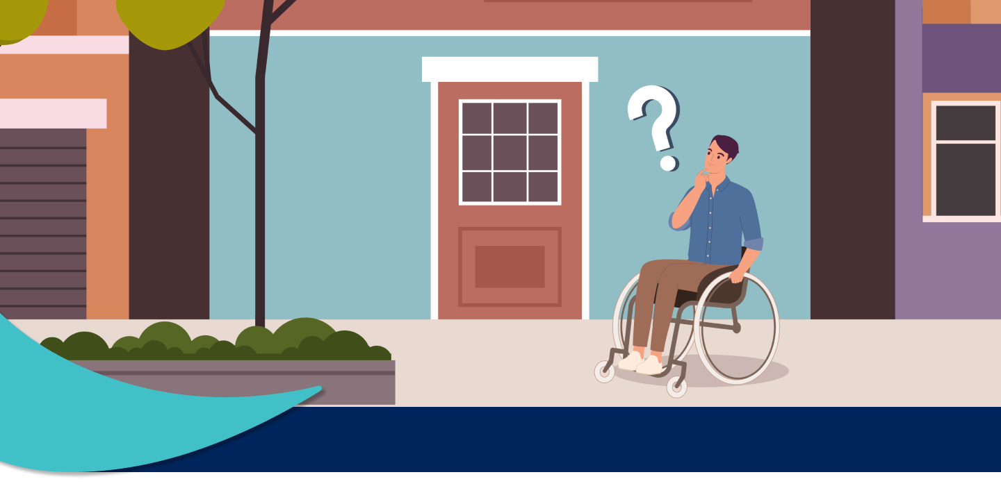 Animated illustration of a young man in a wheelchair confused outside a door.