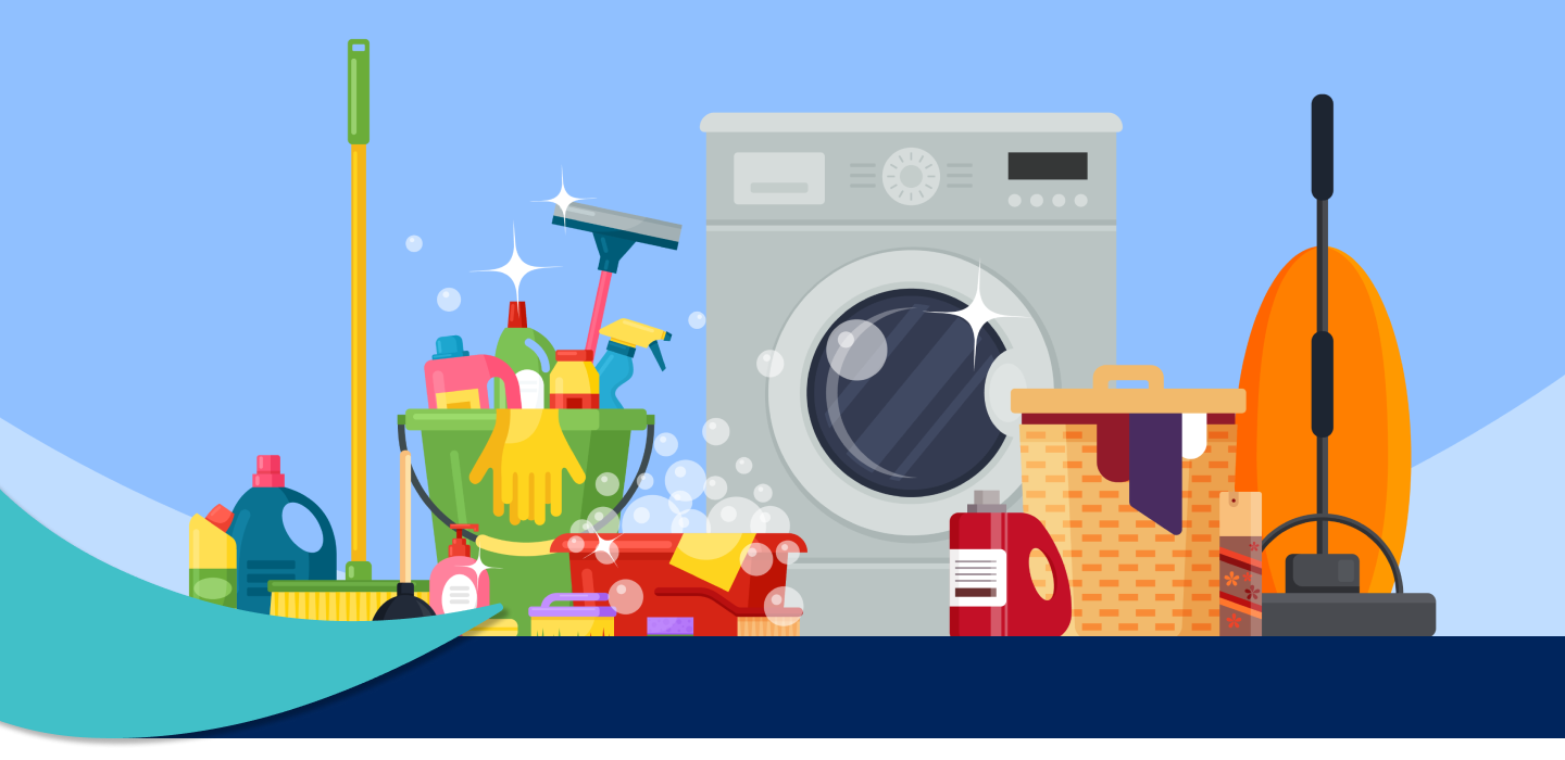 Animated illustration of different cleaning supplies in front of a washing machine.