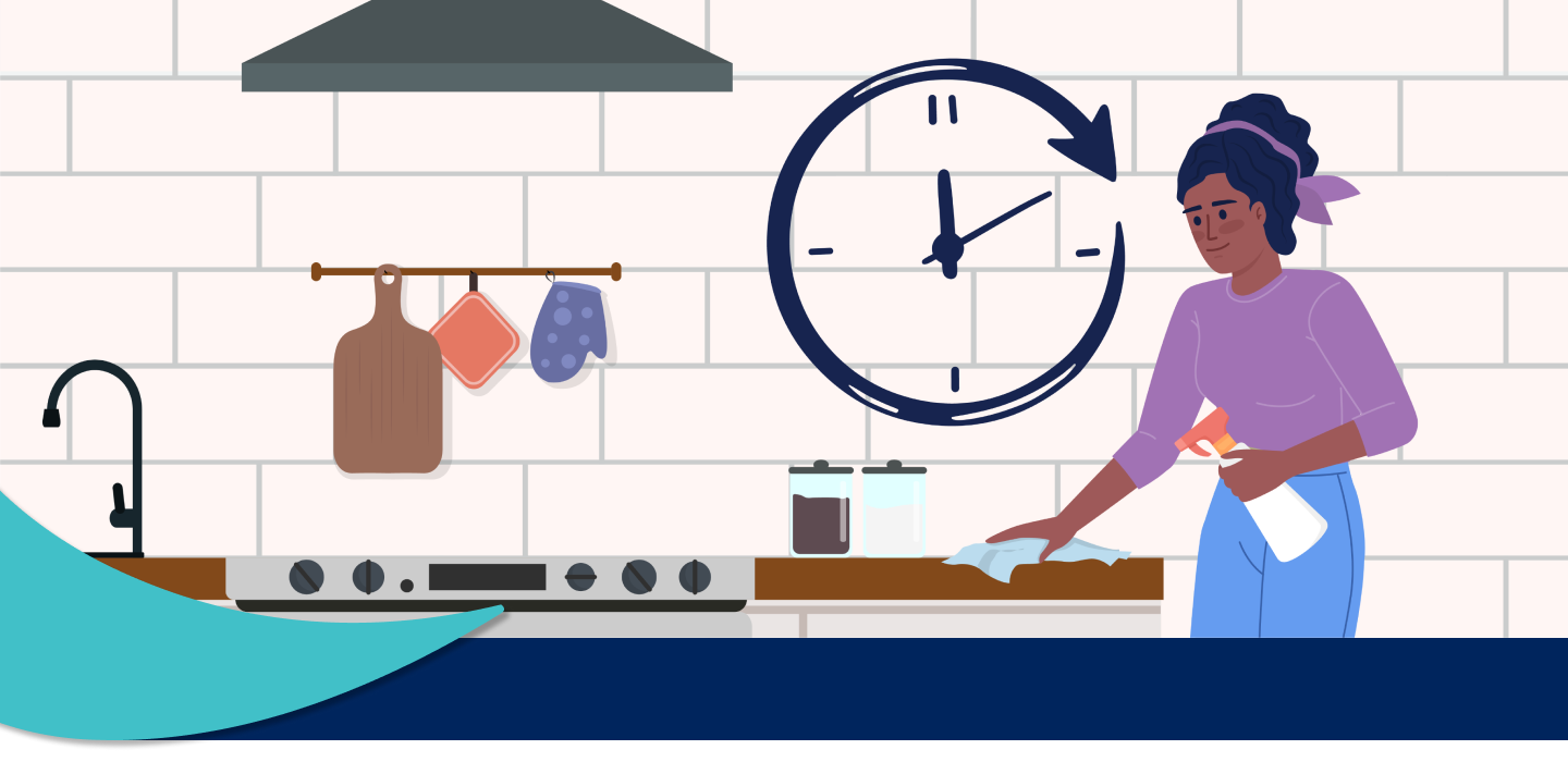 Animated illustration of a young woman wiping down a counter.