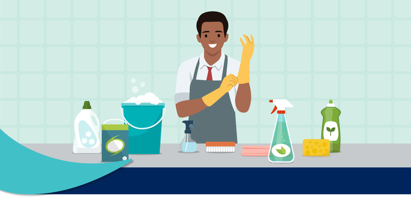 Animated illustration of a young man putting on rubber gloves in anticipation of cleaning the house.