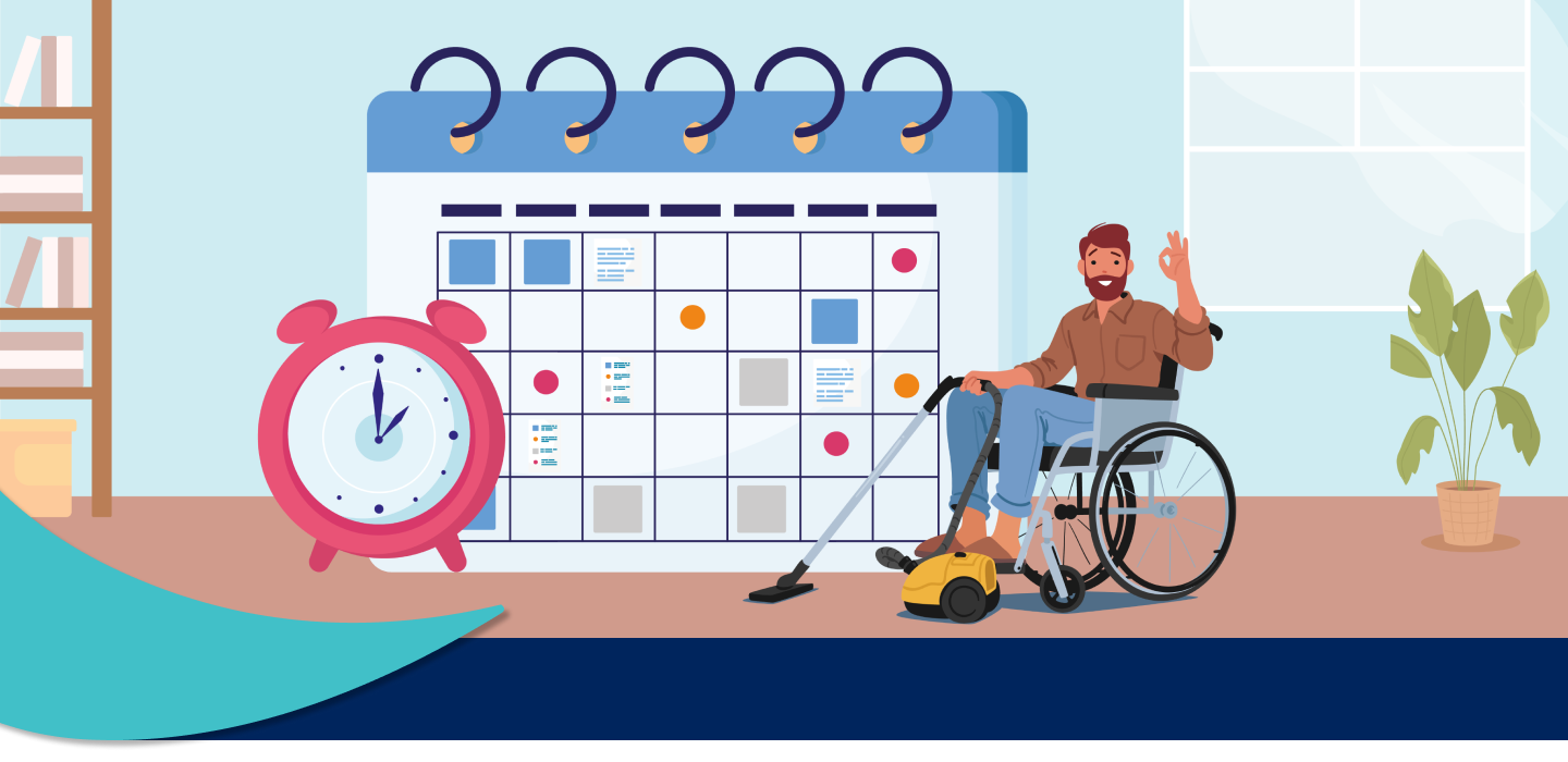 Animated illustration of a young man in a wheelchair vacuuming in front of a giant calendar and clock.